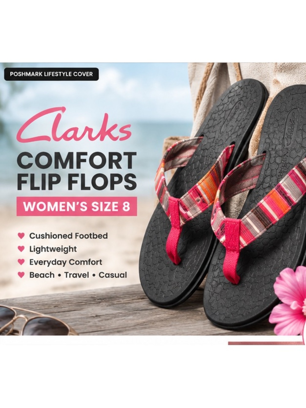 Clarks Women’s Size 7M Comfort Flip Flop Sandals Pink Orange Striped Cushioned T